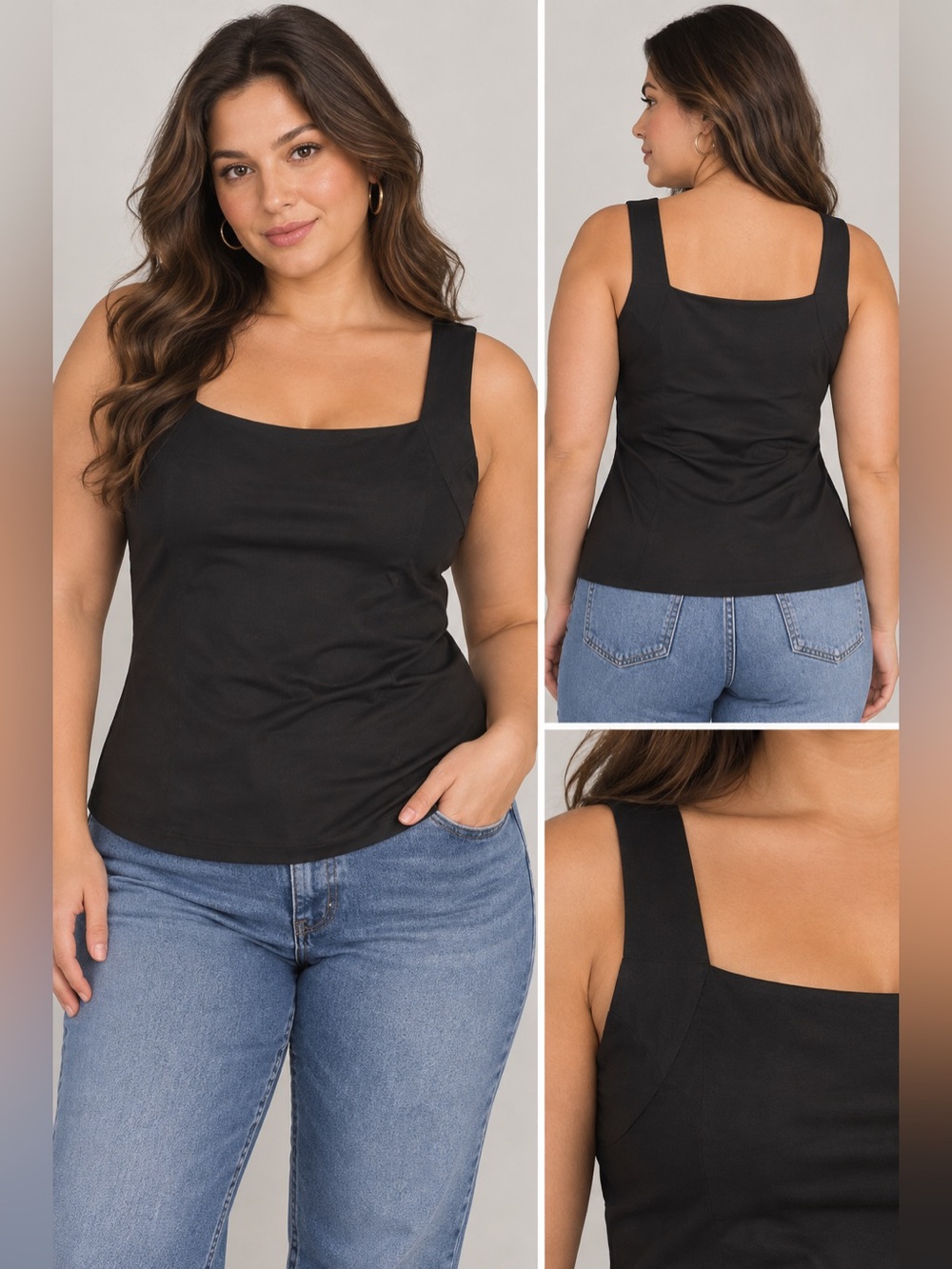 Square Neck Black Tank Top with Wide Straps